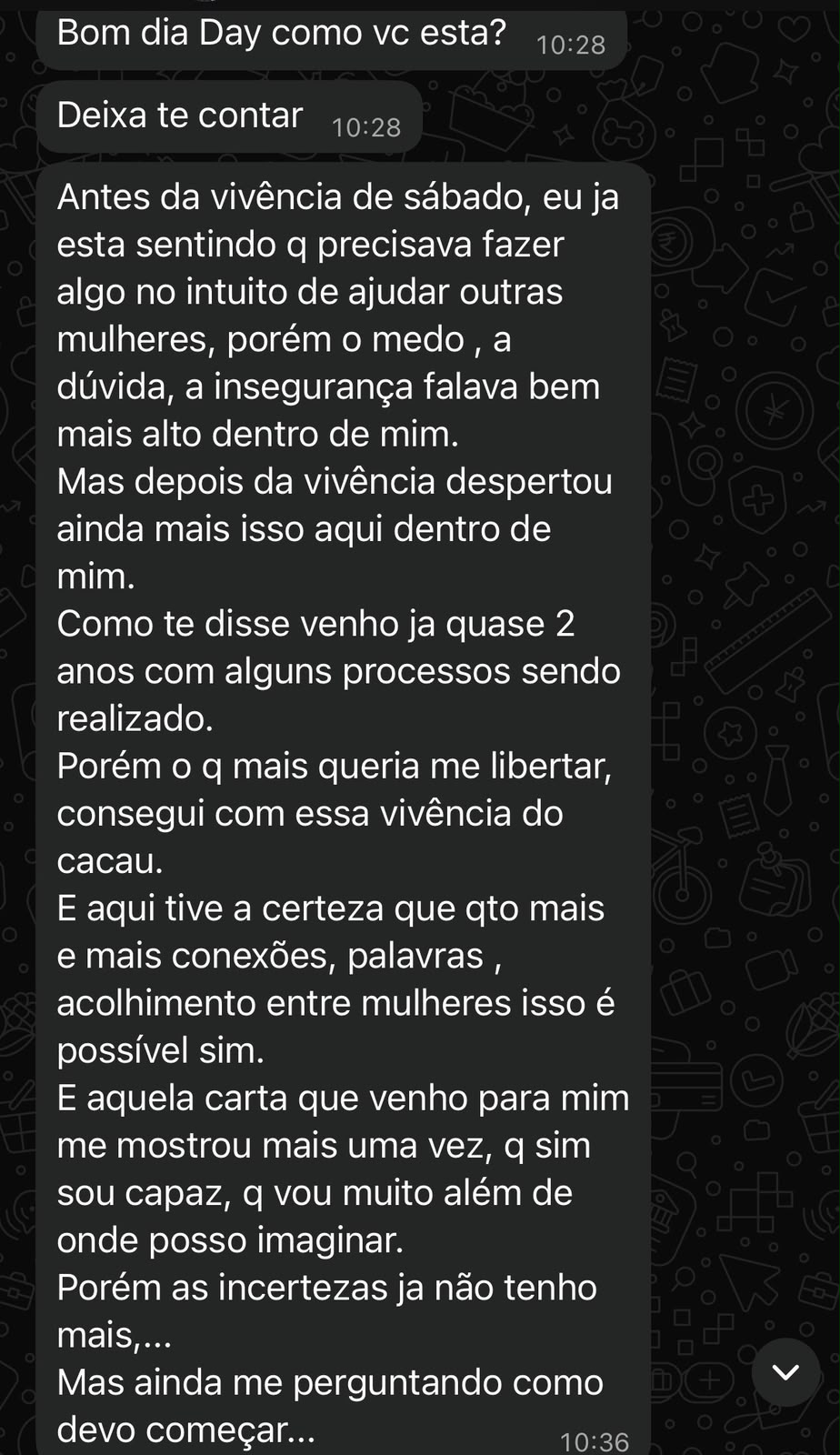 Depoimento original recebido pelo WhatsApp